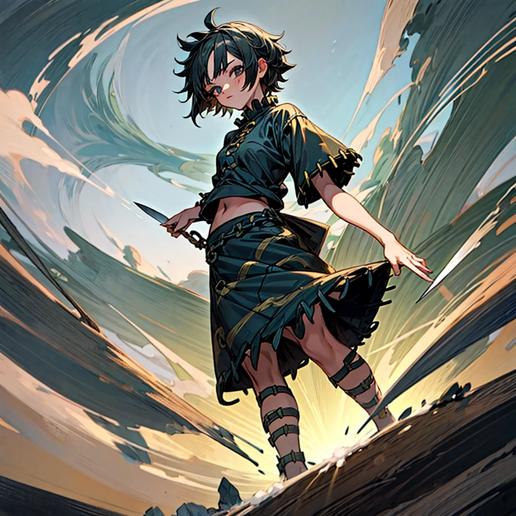 1girl, Full body version, 1character, girl version, black eyes color, short haircut, black colour hair, Ancient Roman style clothing, long skirt, Grassroots, background in snow town, motion blur, (one piece style art), snow, knife in hand, high angle view 