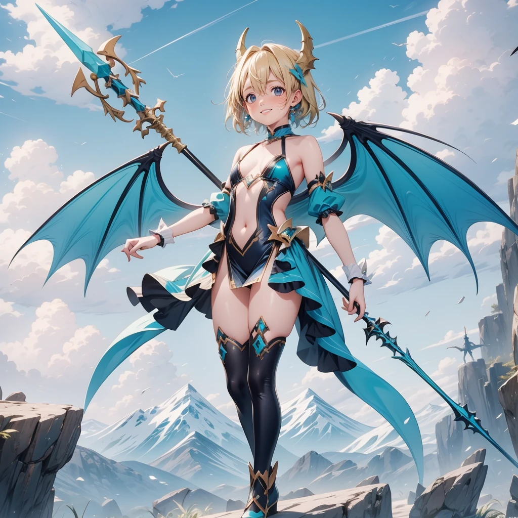 (Turquoise fantasy style) ,(8K),(illusory),Solitary,1 Girl,Yellow hair, Devil's Point,Gradient Wing, Practical, best quality, masterpiece, Ultra Detailed, Ultra-high resolution,rest (outdoor),Flying in the sky,moon,spear,Look at the audience,Scary face