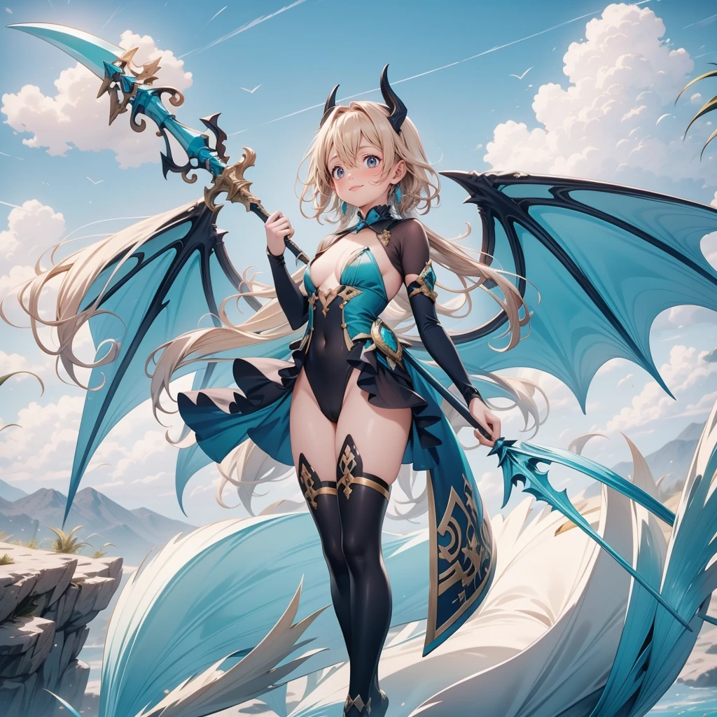 (Turquoise fantasy style) ,(8K),(illusory),Solitary,1 Girl,Yellow hair, Devil's Point,Gradient Wing, Practical, best quality, masterpiece, Ultra Detailed, Ultra-high resolution,rest (outdoor),Flying in the sky,moon,spear,Look at the audience,Scary face