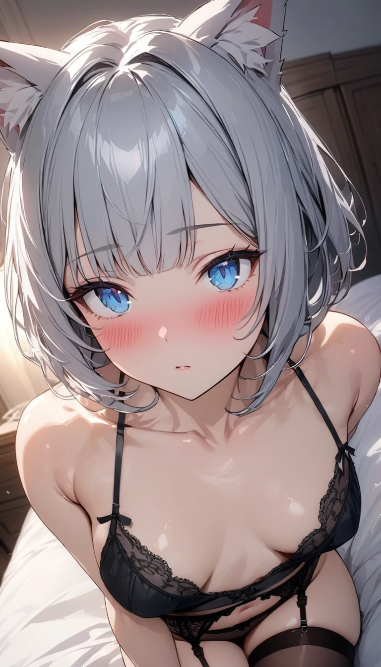 (((best quality)), ((masterpiece)), (details), masterpiece, best quality, high quality, ulutra detailed, perfect face, ((1girl, blue eyes, cat ears: 1.3 silver bob hair: 2.5,)) 、Shiny Hair、Glowing Skin、blush、Lustful look、Small breasts、Bedroom、Black lace camisole、garter belt、Knee-high stockings、sleep、On the bed