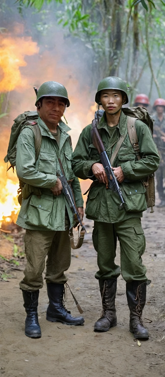 Man wearing steel pot and chinstrap, wear cotton and nylon jacket OG- 107 , OG-107 6-pocket pants, jacket with 4 pockets and button closure, He has black leather jungle boots, rubber sole and laces, The man carries and has Canteen Dressed with Belt, schoolbag, By the way, bayonet,Grenades,ammunition, rifle, dressed as a war soldier, of them intricate, photo taken in the jungle of vietnam, jungle scene,, both dressed in green jackets, real photo, no photo errors, Masterpiece, thick build men,
