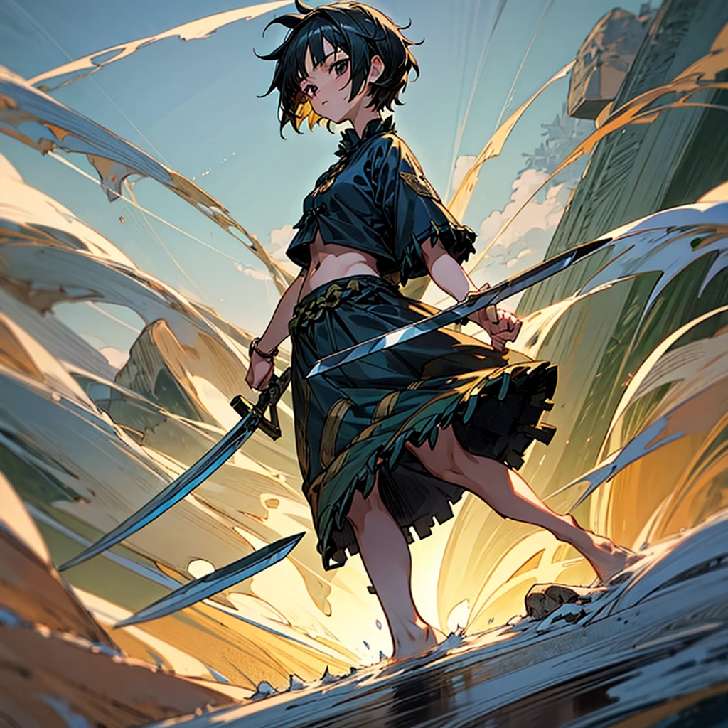 1girl, Full body version, 1character, girl version, black eyes color, short haircut, black colour hair, Ancient Roman style clothing, long skirt, Grassroots, background in snow town, motion blur, (one piece style art), snow, knife in hand, high angle view 