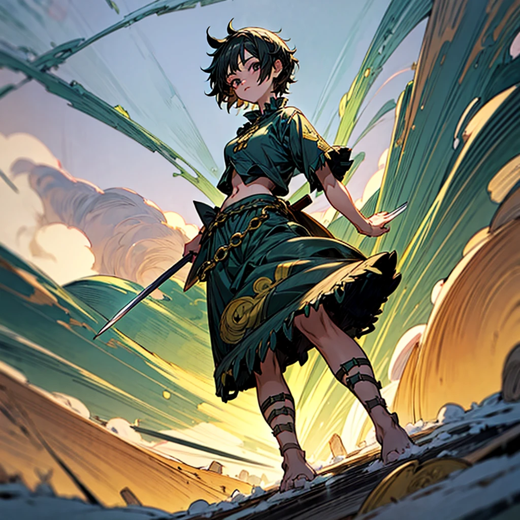 1girl, Full body version, 1character, girl version, black eyes color, short haircut, black colour hair, Ancient Roman style clothing, long skirt, Grassroots, background in snow town, motion blur, (one piece style art), snow, knife in hand, high angle view 