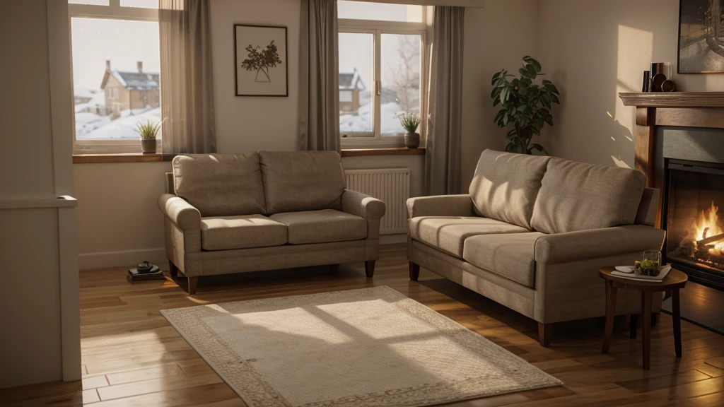 Living room with fireplace and sofa,Floor-to-ceiling windows,Close-up of the ultra-delicate snow scene outside the window,Unreal Engine;Romantic Theme,Relaxing concept art,comfortable environment,Comfortable and charming scene,Comfortable and peaceful atmosphere,Cozy atmosphere,Cozy bistro,3D style scene,Comfortable place,Comfortable atmosphere,Realistic establishing shots,逼真的Unreal Engine 3D 游戏,Comfortable background