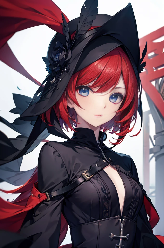 1girl, beautiful detailed eyes, beautiful detailed lips, extremely detailed eyes and face, long eyelashes, red hair, black dress, black and red long coat, bob haircut, solo character, white background, anime style, very detailed, photorealistic, 8k, best quality, masterpiece, blue eyes, short hair