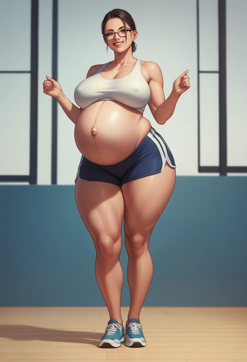 (Full body, glasses, detailed), An image of a pregnant girl wearing gym clothes with her belly on full display. She is a very voluptuous lady, she has a smug face and she is barefoot, She has very thick thighs and very wide hips, her clothes are very tight. 