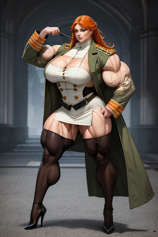 ((Massive, beautiful, buff, pale white skinned muscular woman with orange hair, green eyes, black lipstick, ginormous bulky muscles)), ((close view)), ((((long sleeve military overcoat)))), ((long sleeve military overcoat)), necktie, blazer, ((((military officer uniform)))), (((waistcoat))), (((military officer uniform))), (((pencil skirt))), (((pencil skirt))), tie clip, pocket square, cloves, (pantyhose), high heels, (close view), massive muscles, hyper muscles, long shaggy hair, in a military base,