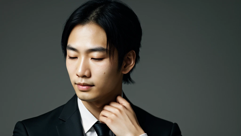 Asian face closeup,closed eyes,elegant men,dark theme, detailed skin, empty background