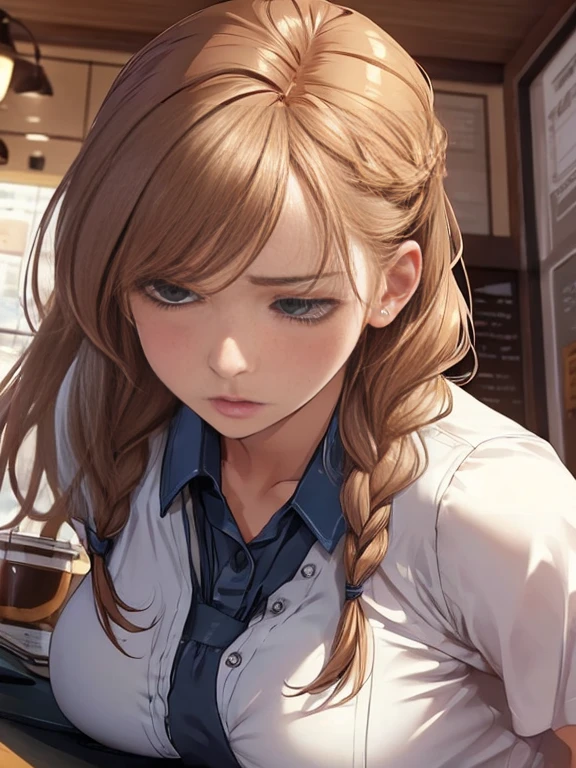 (female masturbation:1.4),{(ultra realistic photo graphic style:1.4)},{erotic face,anguish,(patience:1.1),(very ecstasy:1.2),(writhing:1.4),embarrassing,half open eye},{(obscene pose:1.2),(arched back:1.2),(arch one's head:1.4)}, {(office worker:1.2), (sweat on forehead)},BREAK, {(1 woman, 30yo, small breasts), braid hair intricately}, BREAK,{(low angle:1.3)}, {at a coffee shop}