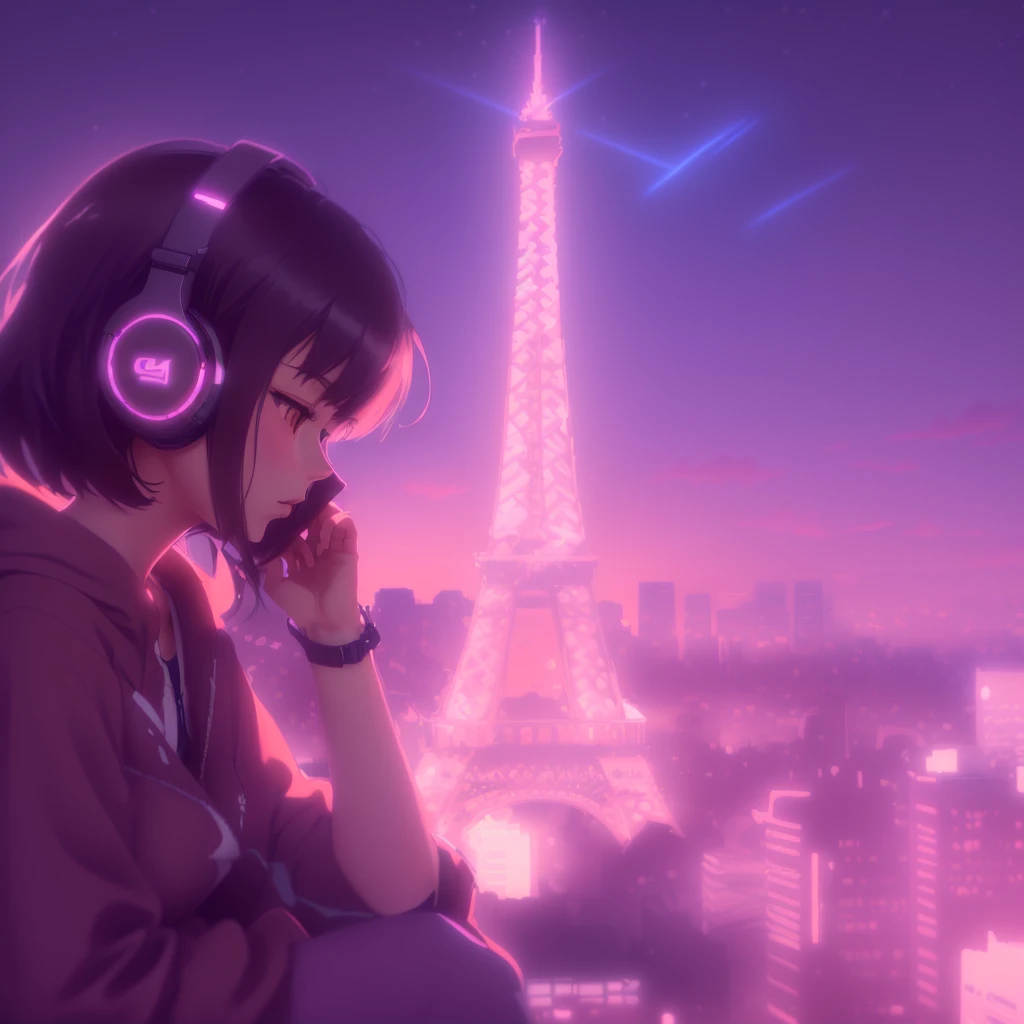 Anime girl listening to music in front of the Eiffel Tower, Lofi Artstyle, Lofi Art, 4k anime wallpaper, Anime atmosphere, Lo-fi Girl, Nightcore, Makoto Shinkai Cyril Rolland, Chill Hop, Anime Style 4k, Anime Background, anime wallpaper 4k, anime wallpaper 4k, Lo-fi art, Lo-fi feeling
