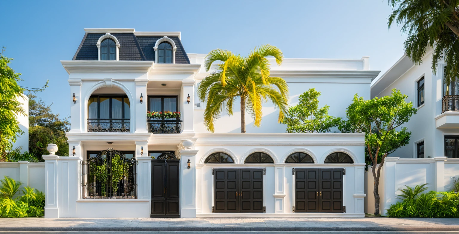 neo classical villa on street, (daylight), tropical tree, vivid colour, streetcapes, white tone, nice detail, white wall, large glass door, warm interior lighting, best quality, masterpiece, ultra realistic