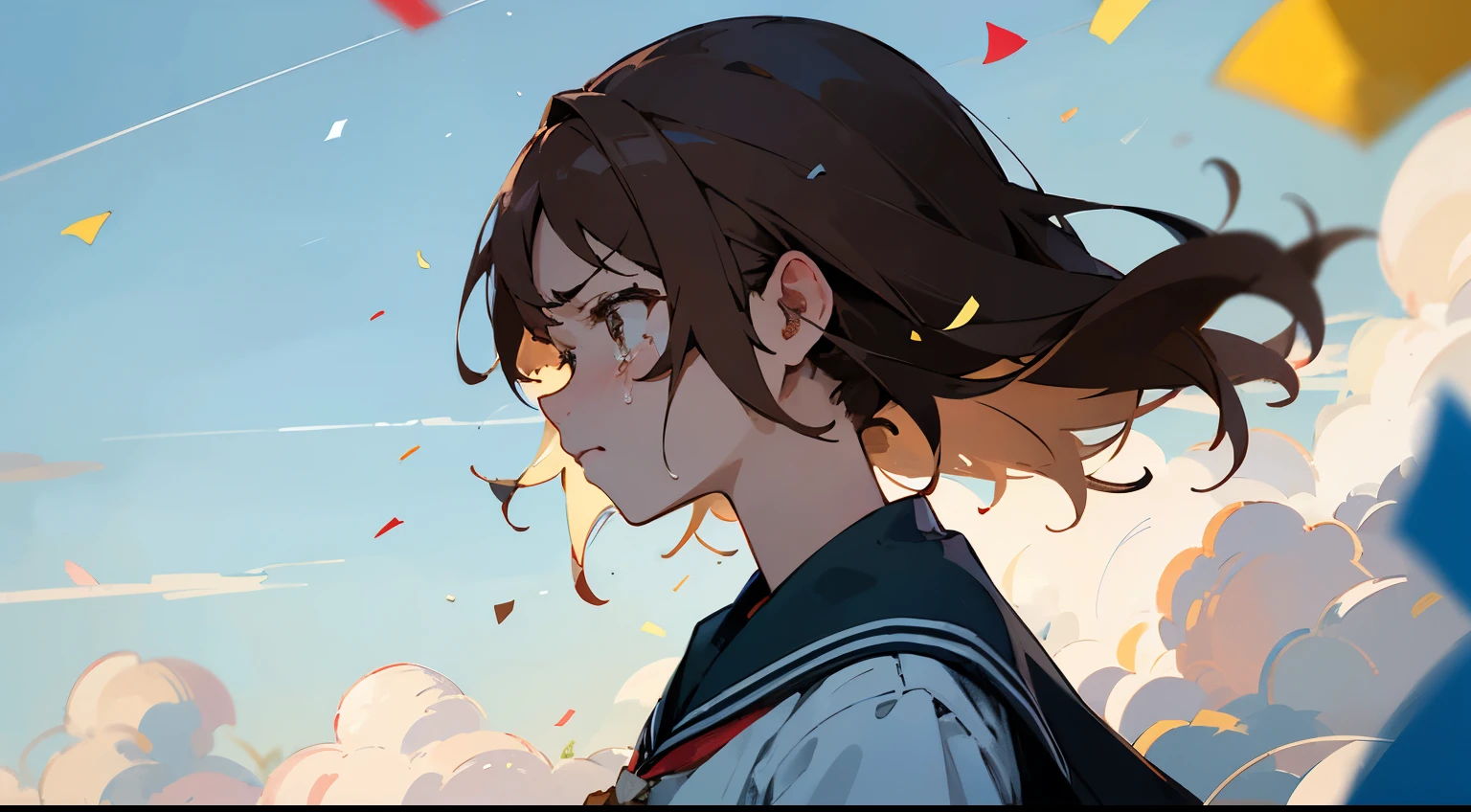 ((Highest quality)), ((masterpiece)), ((Very detailed)),Girl,Angry expression,Confetti,Brown Hair,Blue sky and clouds,Tears on my cheeks,profile,student,School building