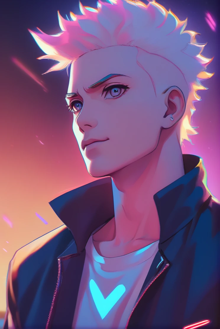 Anime-style 2.5D portrait with a pastel oil painting effect Boruto + Michael Jackson cinematic vibrant neon lighting, close-up on a character with detailed shaven head backdrops, piercingly detailed mel big eyes with bright pupils, portrayed in a dynamic pose, full-body with a sultry aesthetic, viewed from a dynamic profile angle gazing at the viewer, wearing a detailed Lacoste T-shirt with a rocker man personification, wearing