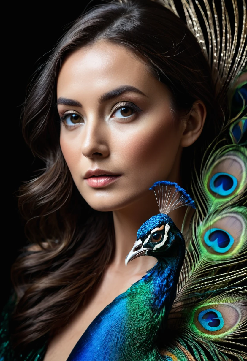 ultra clear raw photo of woman with a peacock feather, close up, dark background