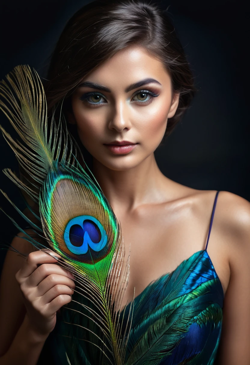 ultra clear raw photo of woman with a peacock feather, close up, dark background