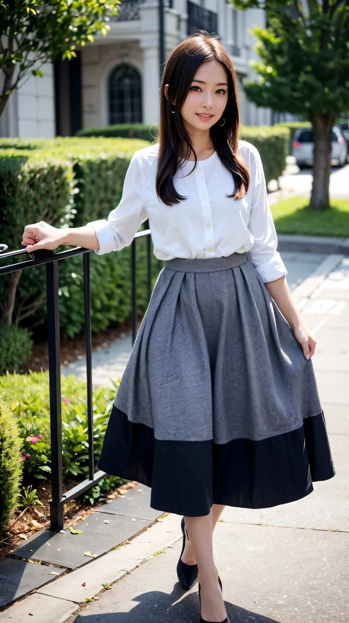 ((masterpiece)),(((Highest quality))),Thin thighs,Long legs,whole body:1.5，(One Girl:1.3),(Black high heels：1.3),(Wearing a floral striped mid-long flared skirt dress:1.2),Lift up the hem of your skirt with both hands:1.5，Curly blonde hair:1.2、Model pose with legs apart:1.5，Bright expression:1.5，Thighs exposed:1.5，