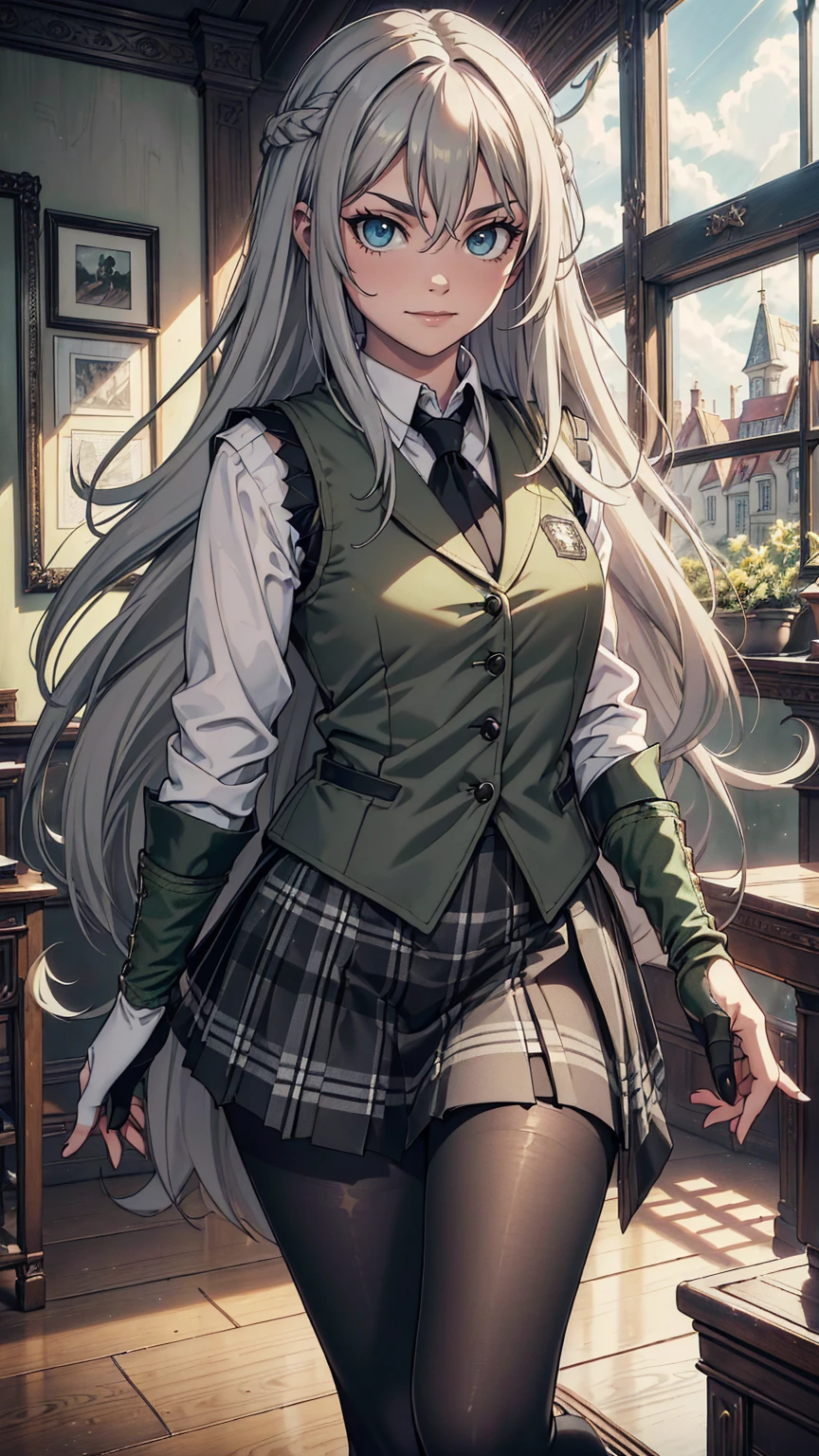 最high quality、Ultra High Definition, Ultra High Quality, Hyper Definition, Hyper Quality, Hyper Detailed, Extremely Detailed, Perfectly Detailed, Best image quality、masterpiece、woman((20-year-old, super dynamic pose , Green solid eyes, Silver long Hair 、Disheveled Hair、Long White Hair、Fingerless Glove、Black School Vest, Grey Plaid Skirt, Black Tights, Smirk、cheerful expression, Dressed in school)),high quality、Beautiful art、background((Inside the mansion))、Written boundary depth、movie、Visual Arts、Perfect art、8K,Genuine