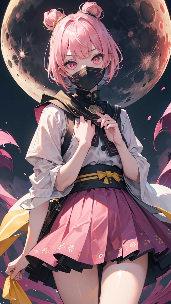 Best quality, Ultra detailed, best quality, insanely detailed, beautiful, masterpiece, 8k, 
break  
(full moon:1.2),  red moon, eye patterned moon, creepy moon,
break 
1lady, solo, pink hair, (short hair:1.2), (topknot:1.0), (yellow ribon:1.2) ,ultra deltailed iris, red eyes, ultra detailed eyes, triple circle patterned eyes, kunoichi wear, (pink cololed wear:1.2),  no pattered wear ,(yellow skirf covering mouth:1.2), 
Break
Upper body, from front,  nsfw,(amaged:1.5), closed mouth,