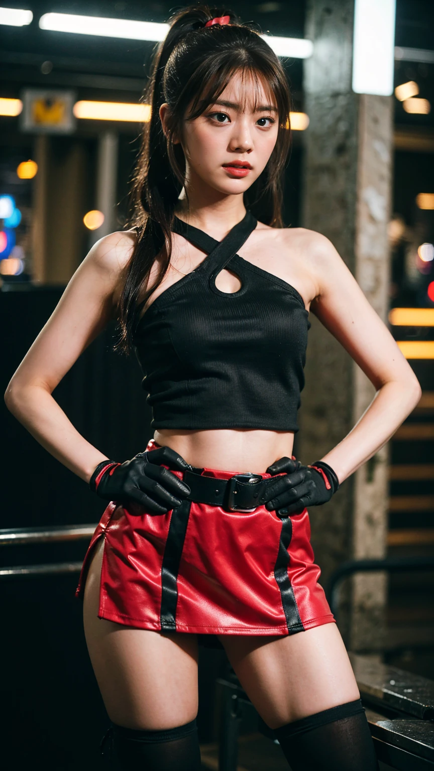 (8K、RAW Photos、Highest quality、masterpiece:1.2)、(Highest quality、Realistic)、1 Girl、((ガーターbelt、Side Ponytail、Tube top、Arm Covers、Ninja costume、mini skirt、Black and Red、tights、Belly button、Gloves、belt、ribbon、See-through、Thin legs、whole body、boots、City of night、View from the front、Looking into the camera、Stand with hands on hips))、cute