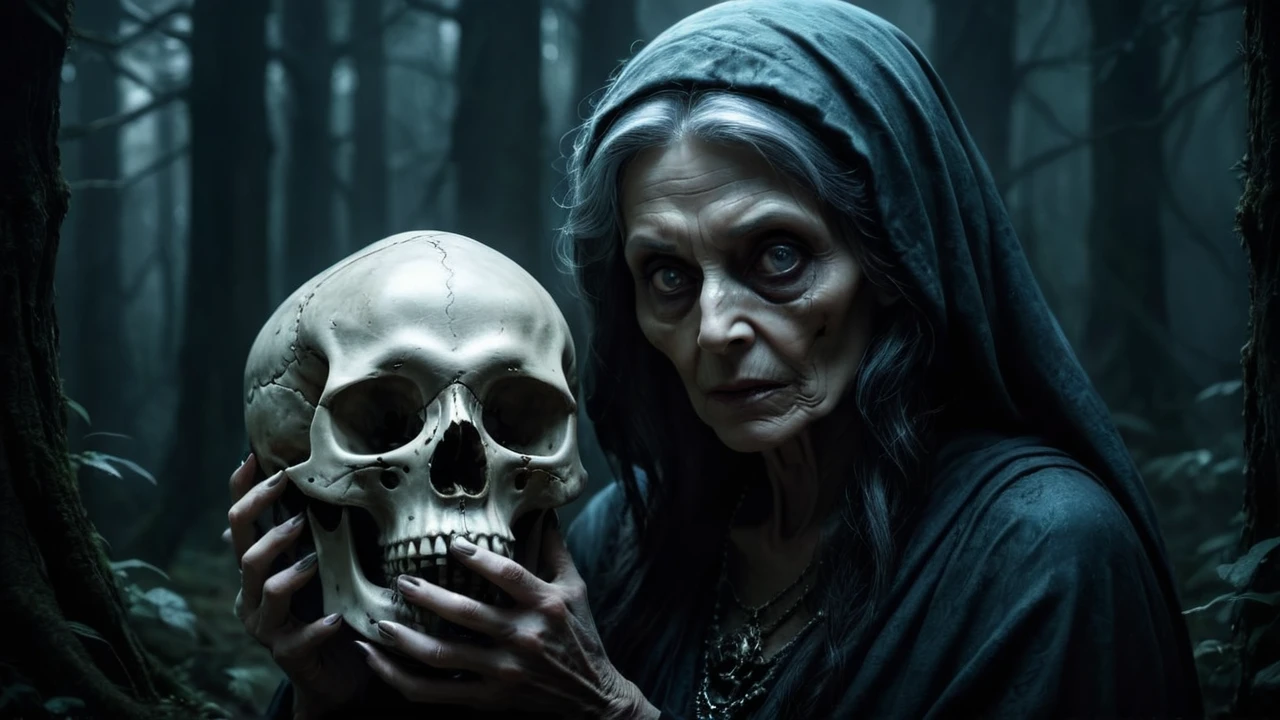 (dark forest ambience) a dark and creepy old tantric woman holding a human skull, dreadful face with intense eyes, dark and moody horror ambience, occult ritual, bright face, dark magic, 8k, hyper detailed, photorealistic, dramatic lighting, chiaroscuro, dark fantasy, muted color palette, ominous atmosphere