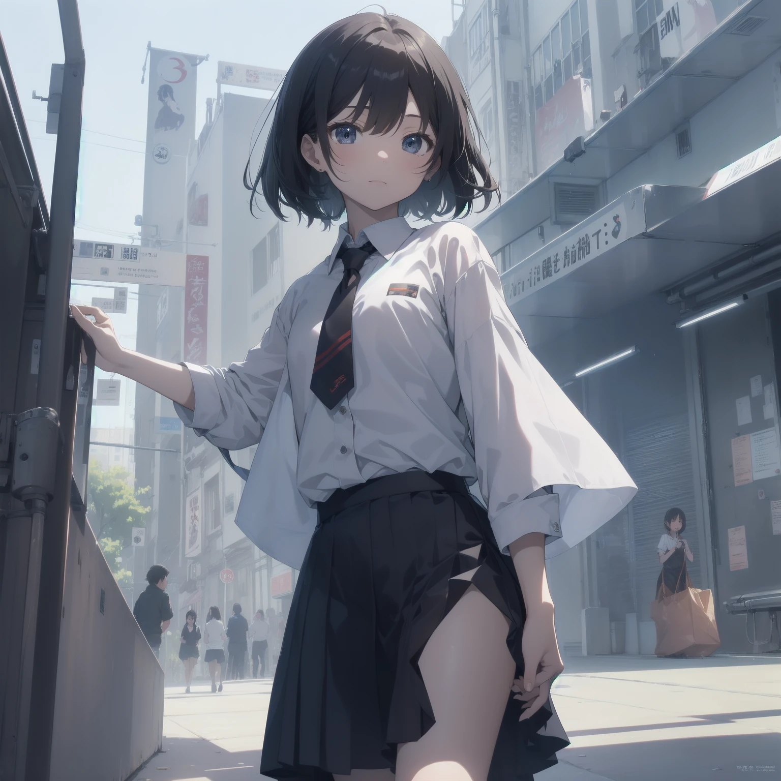 ultra-absurdres-Top quality by artist God, ultra-detailed, high resolution, anime moe artstyle, best anime 8k konachan wallpaper, pixiv contest winner, pool:2810, perfect anatomy,break, 1girl, (Please draw a girl walking sleepily to school alone. )break,(Solo,little female, 13-year-old:1.3),Full limbs, complete fingers,a junior high school student, (very short hair), short cut, flat chest, , small butt, small black eyes, beautiful detailed eyes, well-proportioned iris and pupils, expressive eyes, highres detailed hair, soft expression, school_uniform, collared shirt, pleated skirt,(Detailed Lighting), (Detailed background), in the School commute route. break,super detailed skin, Best cinematic lighting powered by famous artist, 8k,beauty illustration,photoshop_(medium),very aesthetic,break,((artist:tomose_shunsaku )), artist:clamp ,artist:carnelian ,artist:kantoku ,