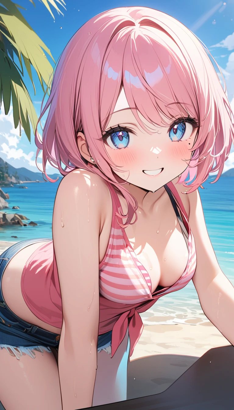 (1 girl),(Best Picture Quality, 8K, Masterpiece:1.3), (high school student:1.5), ((pink lob hair:1.1)), (bob cut),(swept bangs), (cute eyes, pupil black, iris skyblue, youthful face), (mole under right eye), (standard weight), (small ), (glistening skin:1.1),(pale skin:1.2),((Gyaru fashion:1.3)),(wet:1.1),((summer scene:1.2)),(magnificent view),(overlooking),(Smile).
