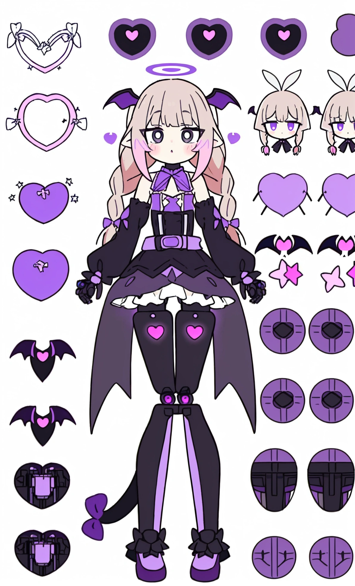woman 170 cm tall. medium chest, wide hip, slim build, ((whole body)). (((character design sheet: front view))). (dark blonde hair, (hip-length wavy hair with asymmetrical bangs, star hairpin), (She has a short braid tied with an elegant purple ribbon on the left side of her hair above her chest). (She has a short braid tied with an elegant purple ribbon on the right side of her hair above her chest). She has small hair ties in the back of her hair..). ((Gray eyes with a pink 4-pointed star in the pupil)). (Two black and purple fox ears located on the top of the head). (Luminous black halo with purple star patterns above his head). He has a black collar with a heart emblem on his neck.. (Elegant long one piece dress, thigh-length lace and ruffle skirt, ribbon decorations and star patterns on the dress). black gloves, Black platform heels. gray belt at the waist with a large ribbon with a luminous pink heart in the middle. (((It has a succubus tail that ends in the shape of a heart.))). (((It has complex mechanical legs that reach up to the thighs and are black with small purple details..))). beautiful detailed hair, beautiful detailed dress. extremely detailed arms. extremely detailed face, small face, Beautiful detailed eyes, beautiful detailed lips. adorable. extremely detailed legs. (Best Quality, 4k, high resolution), ultra detailed, Exquisite and epic character art, ((White background)). (Focus on symmetry).