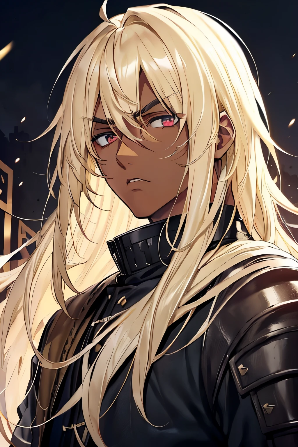cowboyshot, solo ,1boy, male focus, (dark-skinned male), messy hair, pale blonde hair, AND ((blonde eyebrows)), hair between eyes, red eyes, bags under eyes, (sparse stubble), scar across eye, black roman armor, Edgy, festival, Sewers, ultra hd, hires, absurd hires,