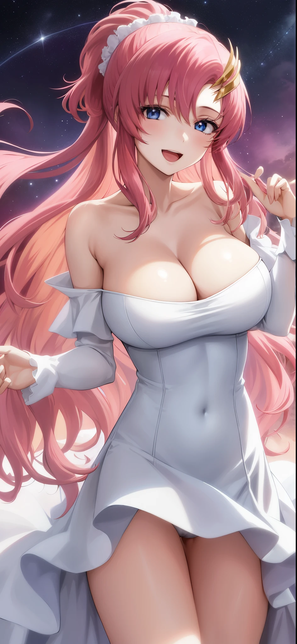 (masterpiece, 4k, best quality, anime style: 1.9, high saturation, space background, detailed face, adult woman, highres, anime, lacus4. white off shoulder, dress with pink design, dress lift:1.4, beautiful pussy exposed:1.2, spread pussy:1.2 ), (gigantic breasts, breasts exposed:1.2), 1girl, solo, long hair, clavicle, shoulder bone, wavy hair, hair ornament, detailed reddish pink hair, cleavage, big blue eyes, smile, open mouth, very happy, spread legs:1.2 , slender body,