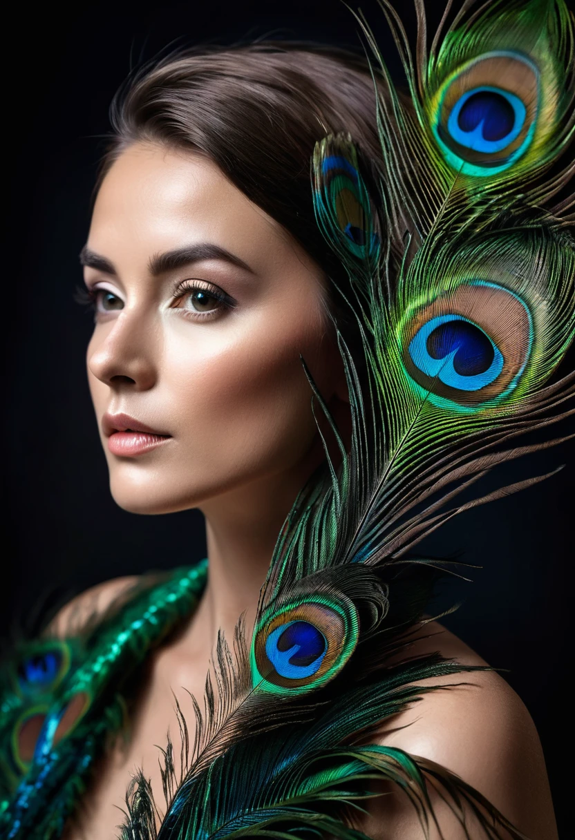 ultra clear raw photo of woman with a peacock feather, close up, dark background