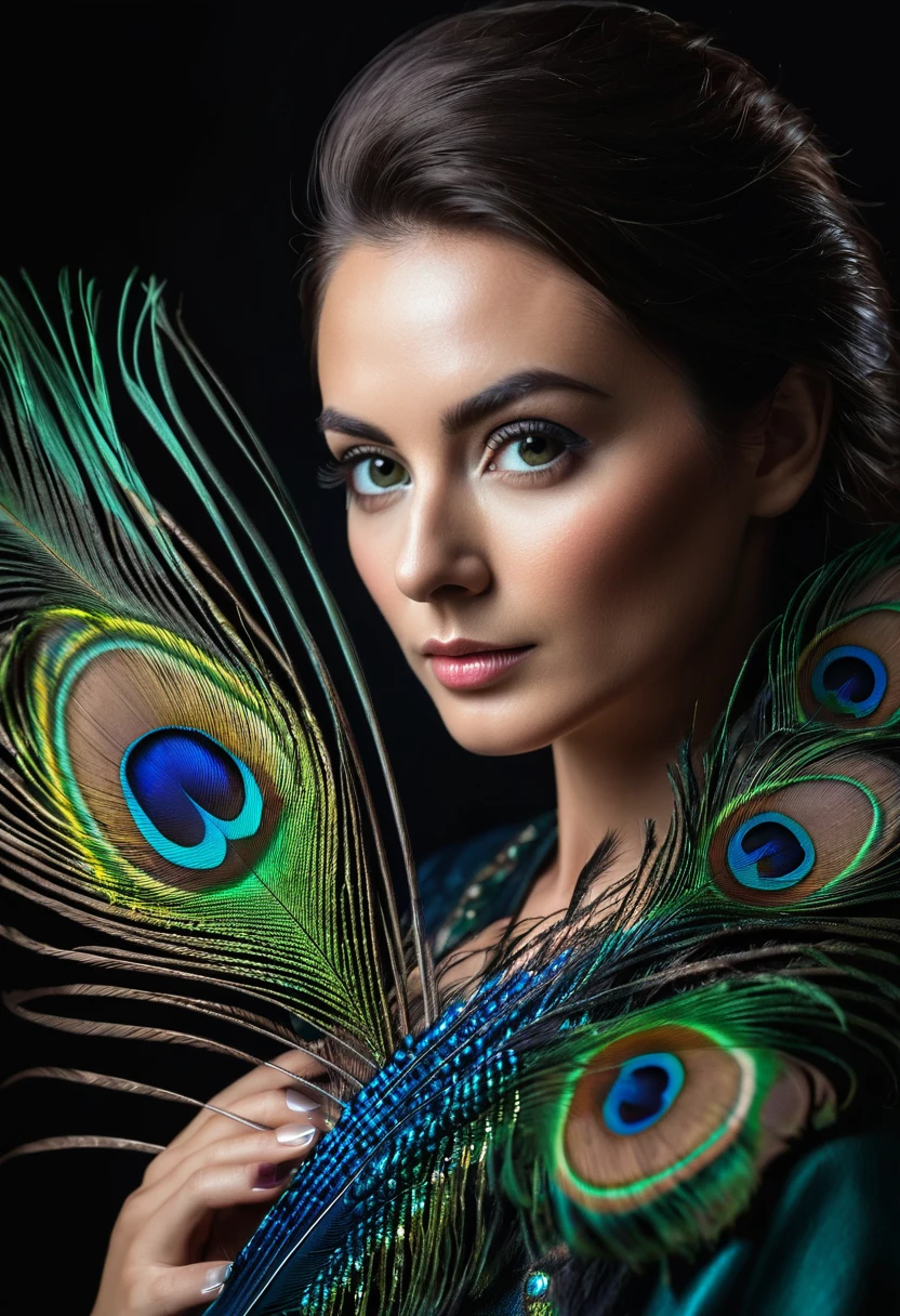 ultra clear raw photo of woman with a peacock feather, close up, dark background
