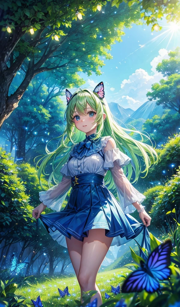 anime inspired greenery alps with bright blue sky and bright sun (glowing fireflies and butterfiles )(greenery view)(bright blue shinning sky)(night view)(borkeh effect)(far view)