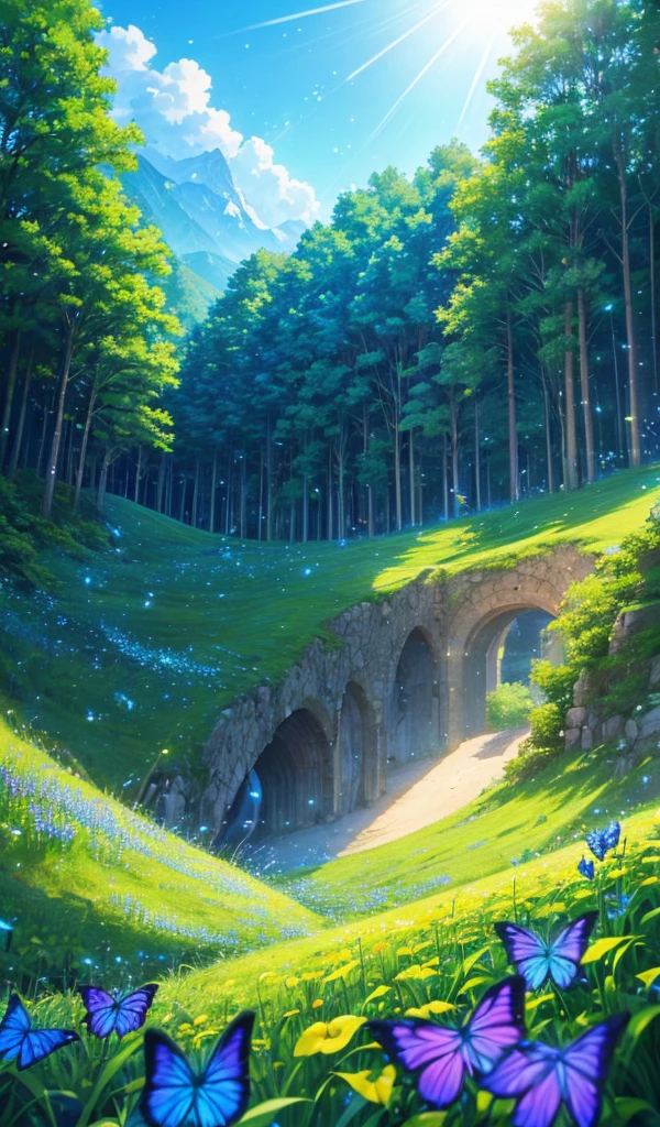anime inspired greenery alps with bright blue sky and bright sun (glowing fireflies and butterfiles )(greenery view)(bright blue shinning sky)(night view)(borkeh effect)(far view)
