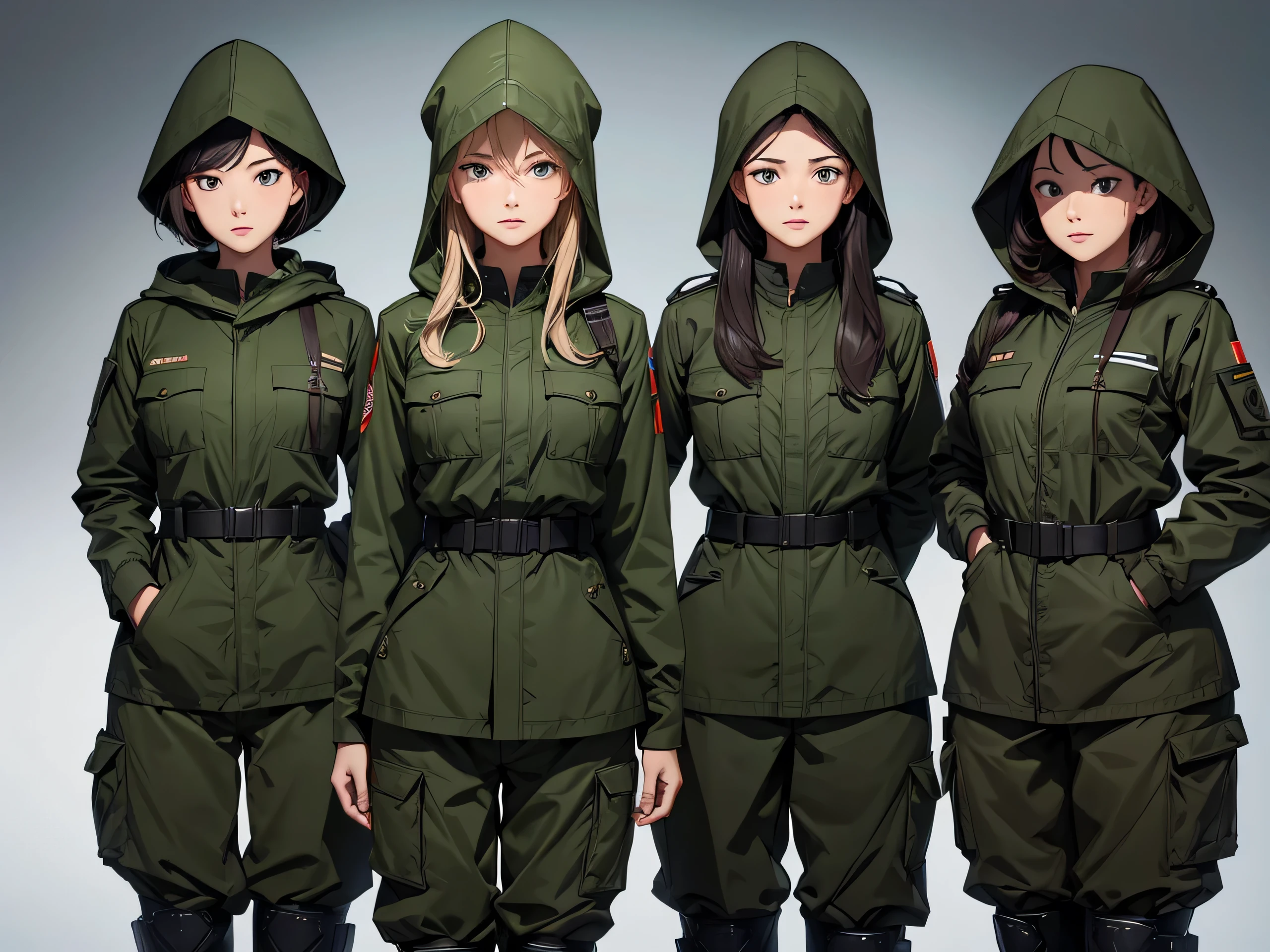 Four female soldiers standing at attention,All wear dark green M-51 hooded military uniforms、Hooded on head、The same posture、Open your legs、Military Pants、Write details、masterpiece、best quality、Highly detailed CG、8K picture quality