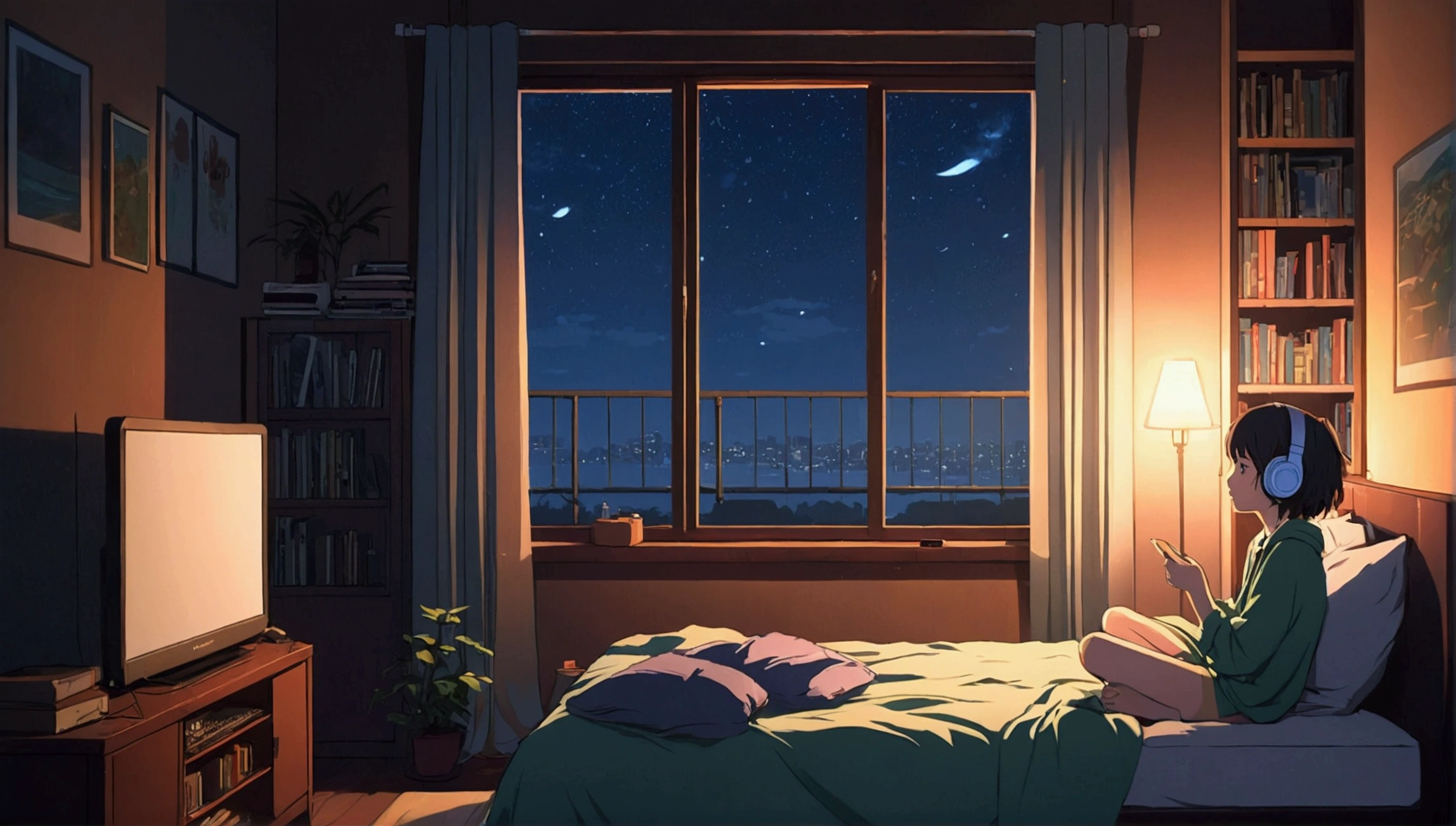 night、Girl listening to music in a cozy room, Using headphones, 2D-style animation, Lo-Fi, hard disk, Dark Environment In the style of Makoto Shinkai