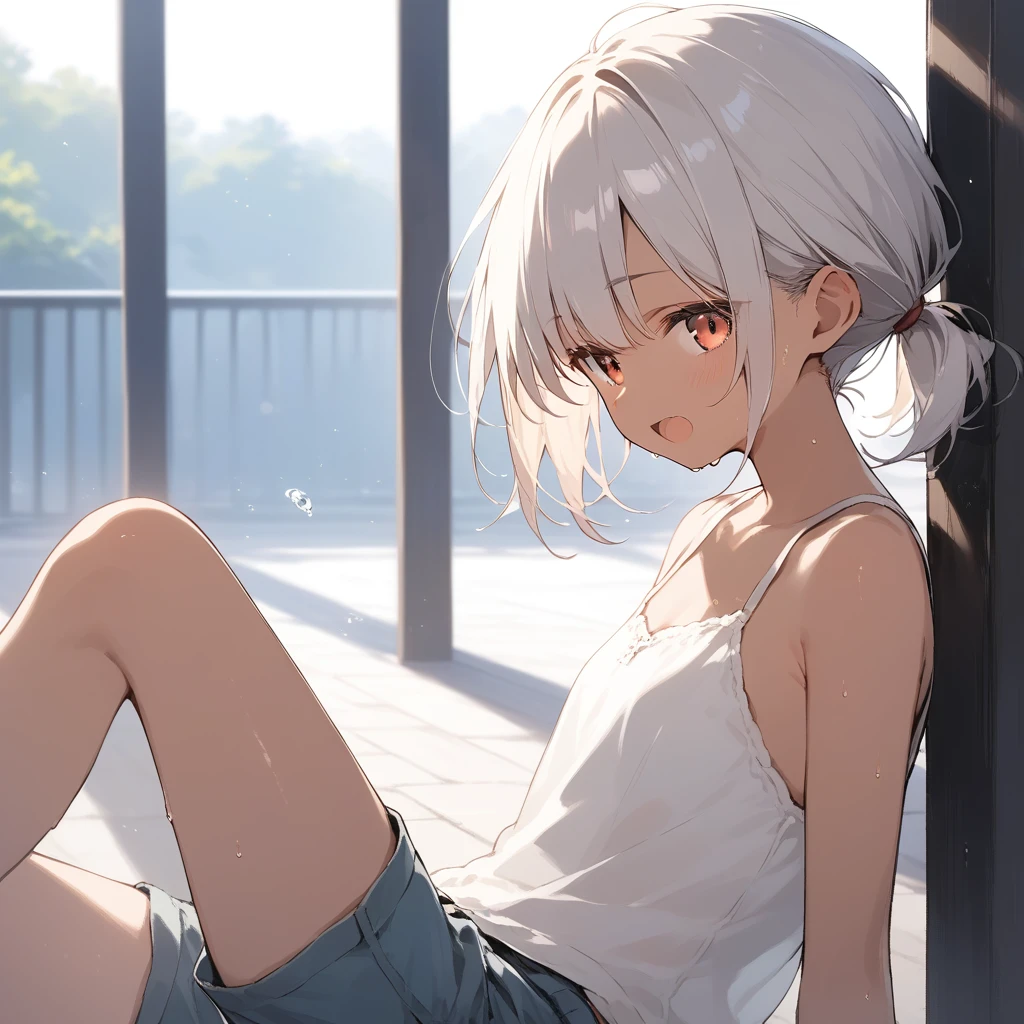 score_9, score_8_up, score_7_up, source_anime, best quality, masterpiece, official art, absurdres, highres, ultra-detailed,waifu2x,Collection: Slice of Life,break,1girl, tomboy, dark-skinned female, short hair, low ponytail, flat chest, beautiful detailed eyes, short shorts, sweat, open mouth, (yawn:0.3), sleepily, outdoors, wind,break,(clear line illustration:1.2), super detailed skin,very high resolution, very aesthetic, Best sexual lighting powered by famous artist, 8k,cute picture,beauty illustration,photoshop_(medium),,(Detailed Lighting),best anime 8k konachan wallpaper, pixiv contest winner,