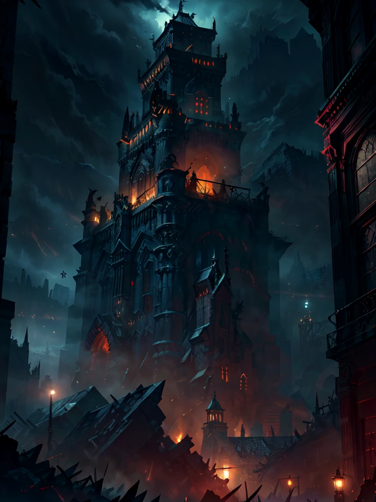 a demonic tower in hell, hellish landscape, dark twisted architecture,, sinister atmosphere, (best quality,4k,8k,highres,masterpiece:1.2),ultra-detailed,(realistic,photorealistic,photo-realistic:1.37),dark fantasy,dramatic lighting,moody cinematic,muted color palette,dramatic shadows,intricate details,gritty textures,apocalyptic,dark and moody