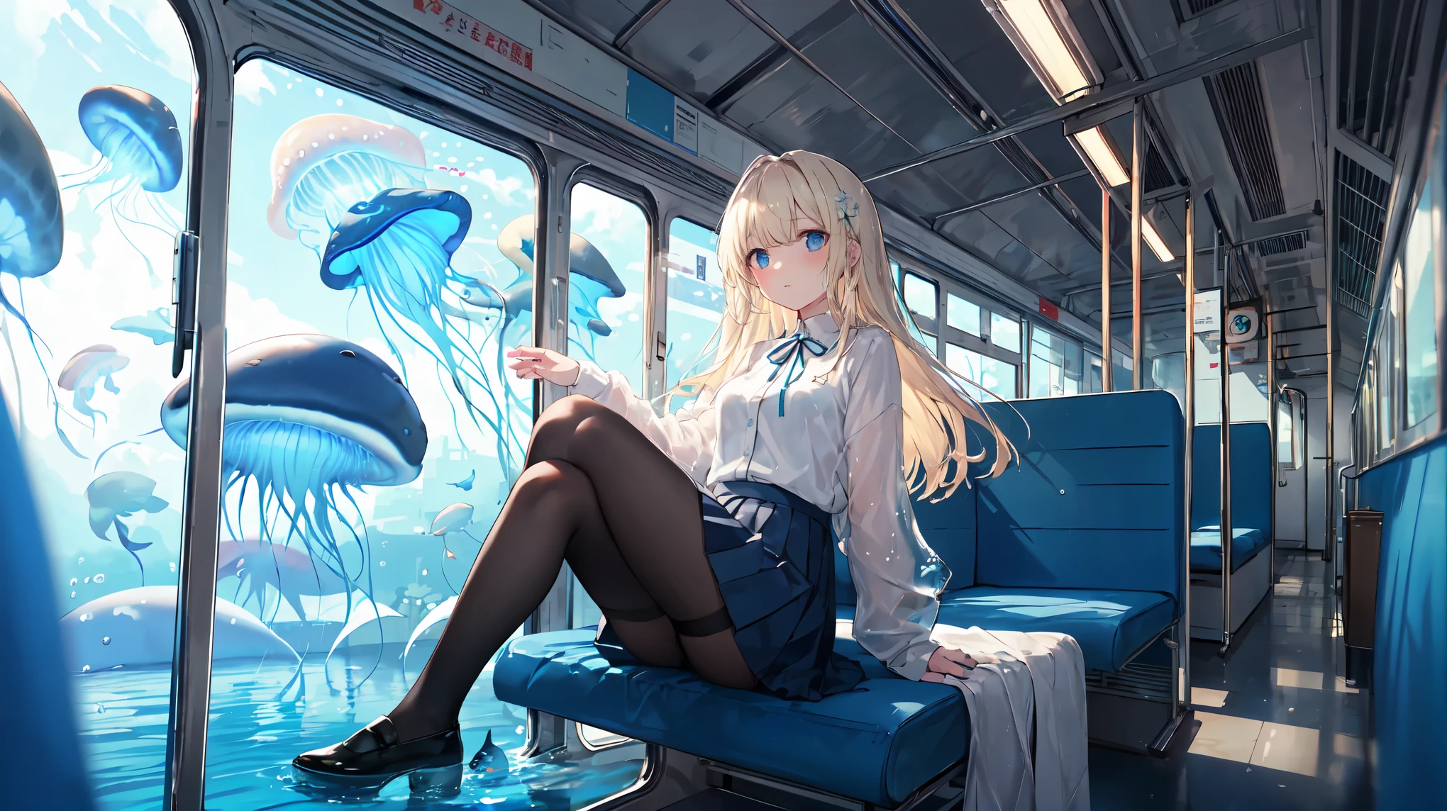 (masterpiece:1.3),(Highest quality:1.2),8K,Confused,ユニティ 8K 壁紙,(Very detailed:1.3),the best,High resolution,wonderful,shape,Beautiful studio soft light,Amazingly beautiful,incredibly Confused,Sharp details,Cinema Lighting,Moody lighting,Pixiv,Award-winning, Professional, Very detailed,Face with perfect detail,、
transportation facilities_Against_window, 1 Girl, alone, Colorful long blonde hair, skirt, Long sleeve, Sitting, , Gray Hair, pleated skirt, shoes, Seraphim, fish, bubble, Blue Theme, (In the water:1.2), (air bubble:1.3), Inside the train, (Surreal:1.2), (jellyfish:1.2), (whale:1.1),(fish:1.2),Blurred foreground,