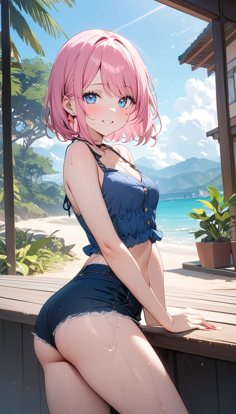 (1 girl),(Best Picture Quality, 8K, Masterpiece:1.3), (high school student:1.5), ((pink lob hair:1.1)), (bob cut),(swept bangs), (cute eyes, pupil black, iris skyblue, youthful face), (mole under right eye), (standard weight), (small breasts), (glistening skin:1.1),(pale skin:1.2),((Fetish fashion:1.3)),(wet:1.1),((summer scene:1.2)),(magnificent view),(overlooking),(Smile).