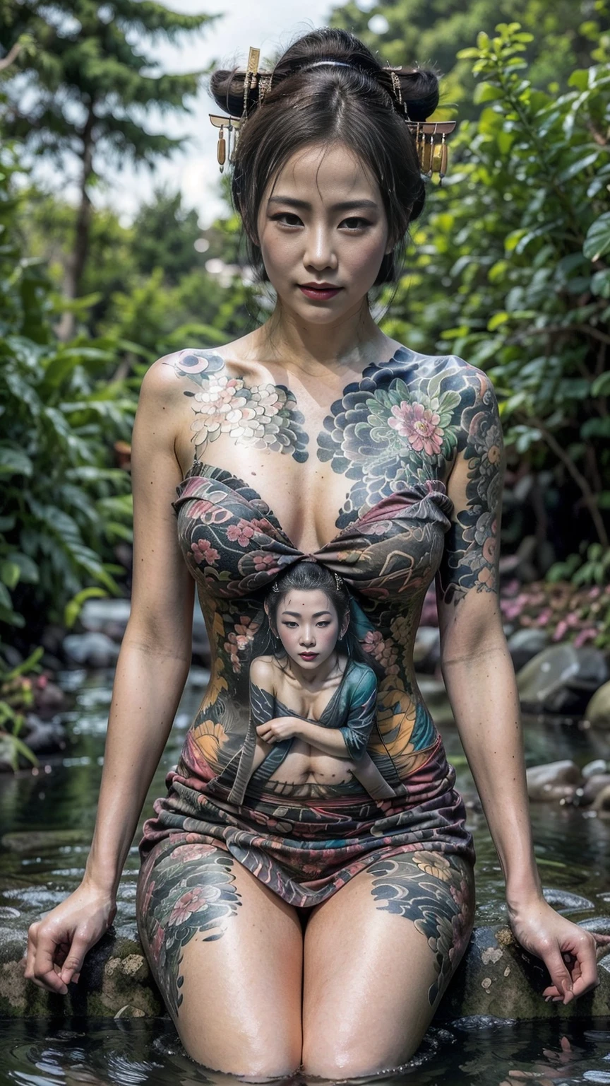 8k, high res, HQ, UHD, (photorealistic:1.4), masterpiece, hyper-realistic detailed photography of beautiful (young geisha:1.4), 27 years old,(undressed:1.3), (soaking:1.3, hug up her breast), (in the river, waterfall, forest), slim fit body with irezumi tattoo, facing forward, huge droopy breast, sexypose, detailed body feature, proportional perfect body, sexy posture, detailed perfect hand, clear bright skin, lustly look, seductive smile, symmetricaly face, perfect face feature, detailed flawless face, perfect face with soft skinice face, Intricate detailed grey blue eyes, detailed perfect lips, a bit opened mouth, detailed japanese buns hair, traditional hair accesories, perfect composition, dynamic lighting, graceful atmosphere, blue red tones, low angle shot, seen from below, focus on face, exposed bare body, volumetric lighting, photon mapping