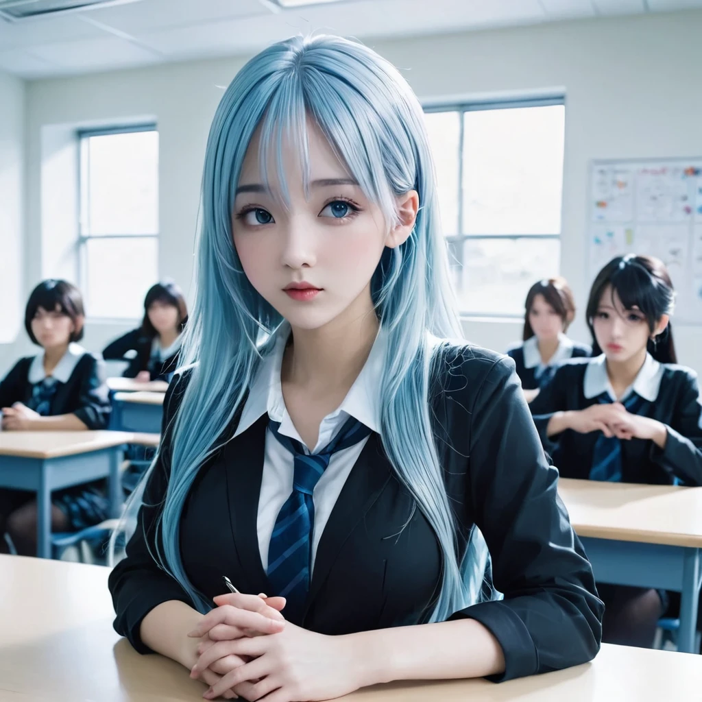 One girl, Long light blue hair, dark blue, sit in classroom, Modern black , anime
