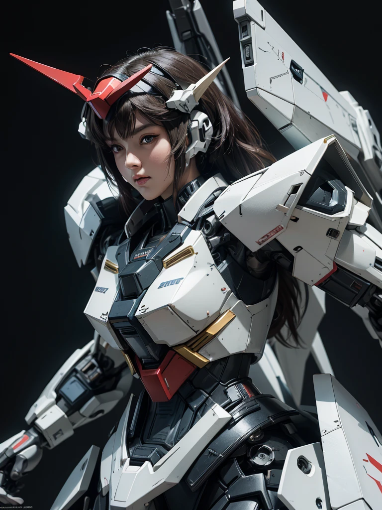 Textured skin, Super Detail, high details,  Best Quality, hight resolution, 1080p, hard disk, a beauty,She wears a futuristic Gundam mecha,(Gundam),Fulll body Shot