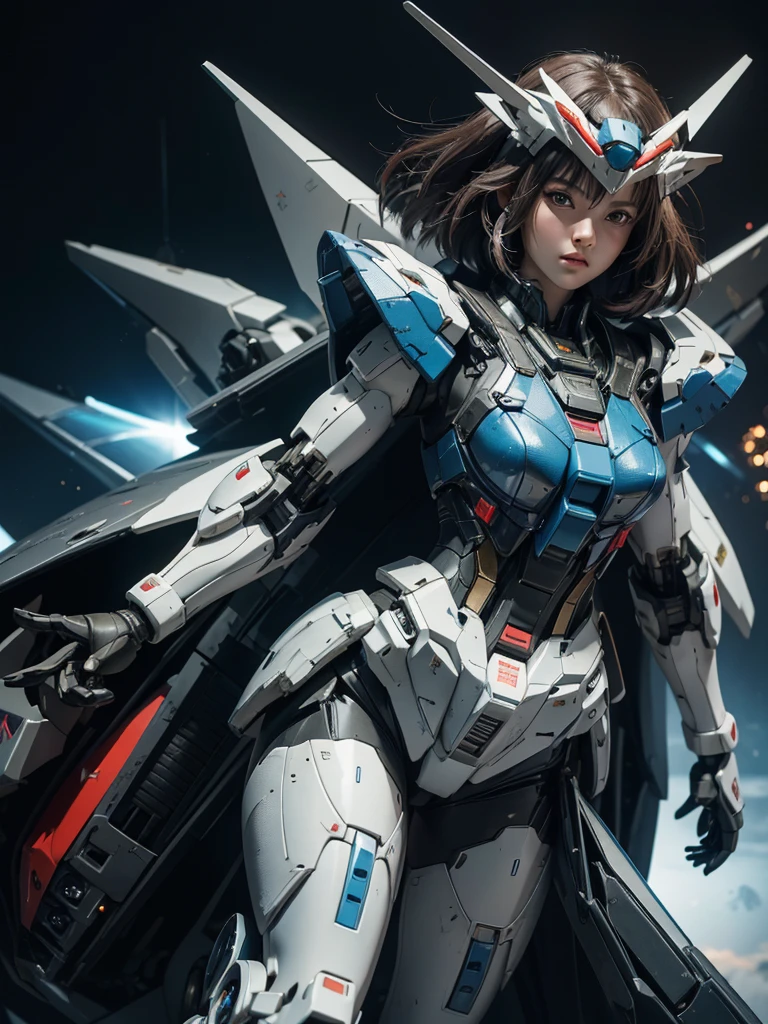 Textured skin, Super Detail, high details, Best Quality, hight resolution, 1080p, hard disk, a beauty,She wears a futuristic Gundam mecha,(Gundam),Fulll body Shot