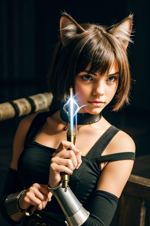 Teen warrior having a cat head and saber in hand
