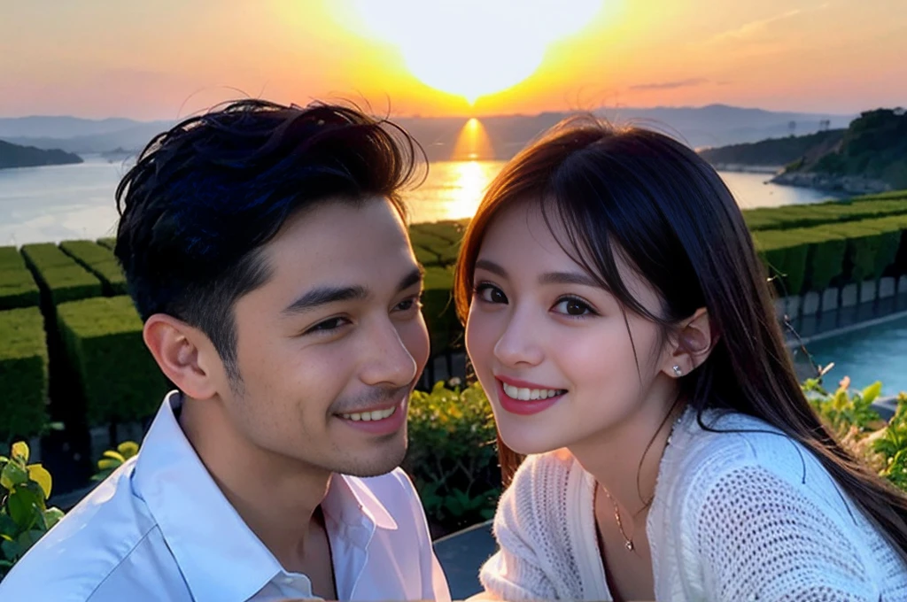((Highest quality、、masterpiece:1.3))、1 male、1 female,36 years old 39 years old、Shine the light on my face、Slim Beauty、Beautiful couple、Upper Body、smile、 (Slim face), (the body is スリム), (Brown Hair), (Shortcuts), テーブルのフルコースディナーとwine glass、Amazing view of the sunset sky and clouds、smileの美しさ、Wine bottle、sparkling wine、Long sleeve shirt、dress、White wine, red wine, wine glass, Beautiful fine grain, Depth f/2,saturation, High Contrast, Strong light and shadow,Moist Body:1.5、 texture、The hair is very shiny、