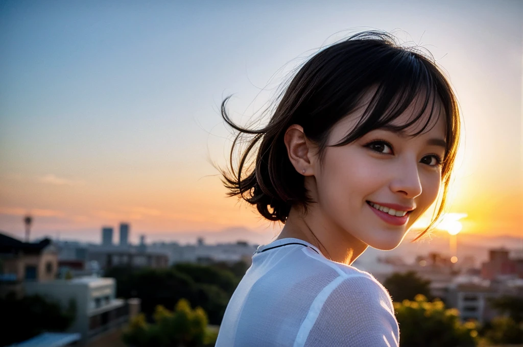 ((Highest quality、、masterpiece:1.3))、1 male、1 female,36 years old 39 years old、Shine the light on my face、Slim Beauty、Beautiful couple、Upper Body、smile、 (Slim face), (the body is スリム), (Brown Hair), (Shortcuts), テーブルのフルコースディナーとwine glass、Amazing view of the sunset sky and clouds、smileの美しさ、Wine bottle、sparkling wine、Long sleeve shirt、dress、White wine, red wine, wine glass, Beautiful fine grain, Depth f/2,saturation, High Contrast, Strong light and shadow,Moist Body:1.5、 texture、The hair is very shiny、
