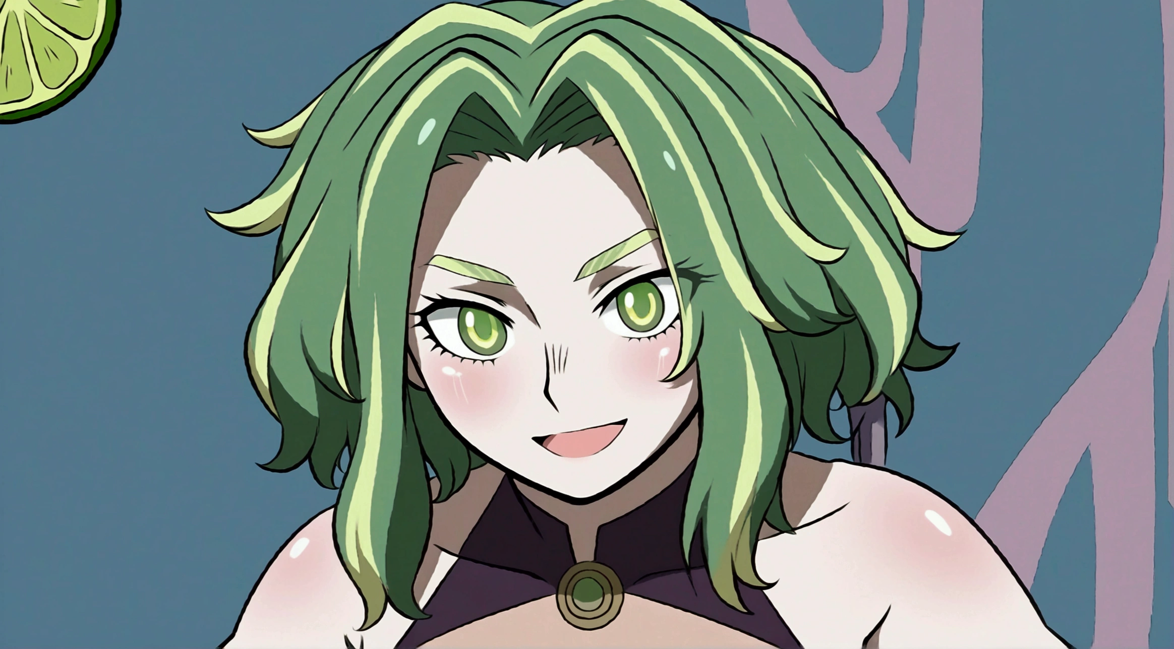 MHA's Lady Nagant is a strong woman with an anime style characteristic of the series. She has vivid green hair, with lime green parts, and a messy, unusual hairstyle. Your eyebrows are short, and her cute look is accentuated by lemon-colored eyes. Her hair is a mix of dark and light strands., creating a unique and attractive visual effect. Lady Nagant wears a neon green heroic costume, and her appearance is complemented by a charming smile and soft lips. The lighting around you highlights the beauty of your voluminous hair and the sophistication of your black outfit., creating a stunning and memorable image.
