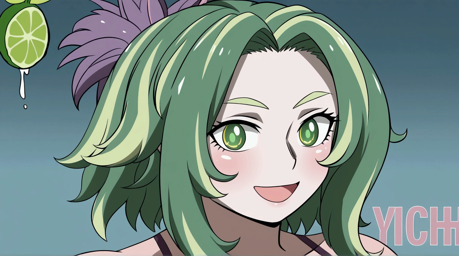 MHA&#39;s Lady Nagant is a strong woman with an anime style characteristic of the series. She has vivid green hair, with lime green parts, and a messy, unusual hairstyle. Your eyebrows are short, and her cute look is accentuated by lemon-colored eyes. Her hair is a mix of dark and light strands., creating a unique and attractive visual effect. Lady Nagant wears a neon green heroic costume, and her appearance is complemented by a charming smile and soft lips. The lighting around you highlights the beauty of your voluminous hair and the sophistication of your black outfit., creating a stunning and memorable image.