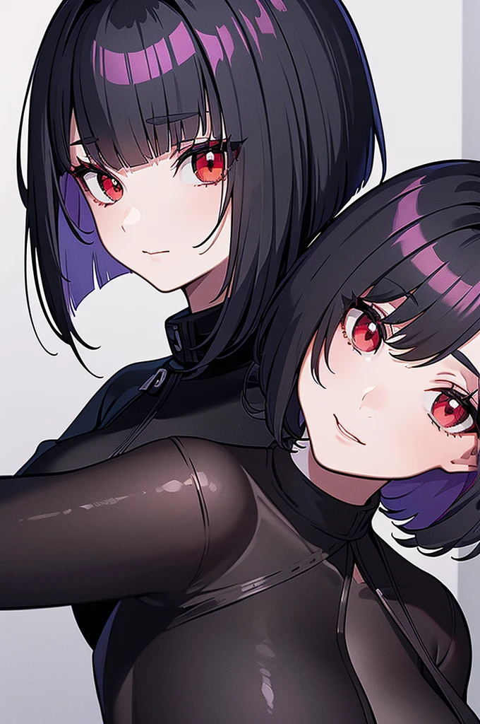 a beautiful girl with violet hair wearing a black dress, extremely detailed facial features, bob haircut, woman wearing a long black and red coat, solo character, white background, anime style, very detailed, photorealistic, 8k, best quality, masterpiece, red eyes, short hair