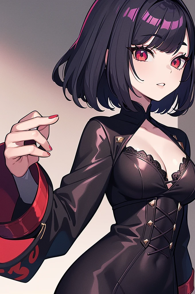 a beautiful girl with violet hair wearing a black dress, extremely detailed facial features, bob haircut, woman wearing a long black and red coat, solo character, white background, anime style, very detailed, photorealistic, 8k, best quality, masterpiece, red eyes, short hair